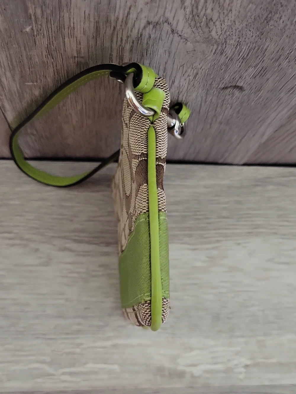 Coach Signature Wristlet Lime Green Trim Khaki Jacquard Wrist Strap Mini Pouch